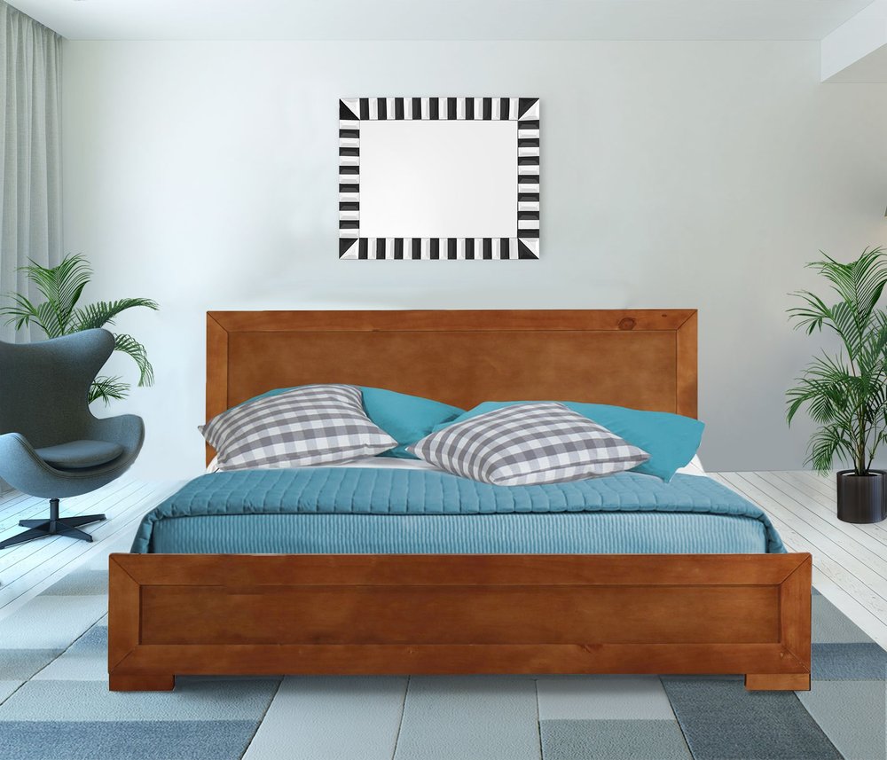 Brown Inlaid Panels Solid Wood Full Bed Frame