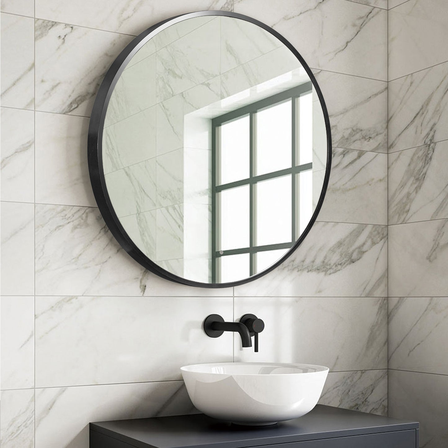 32" Black Round Metal Framed Accent Mirror