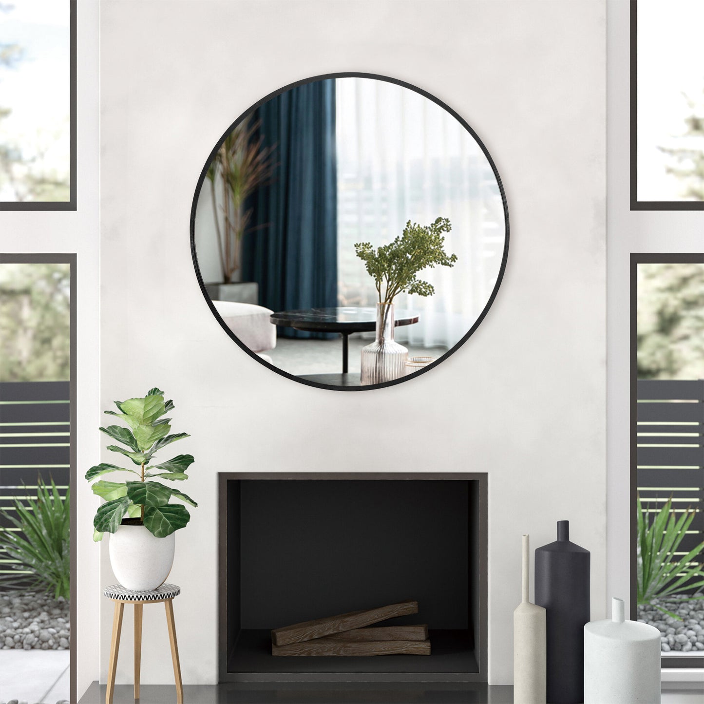 32" Black Round Metal Framed Accent Mirror
