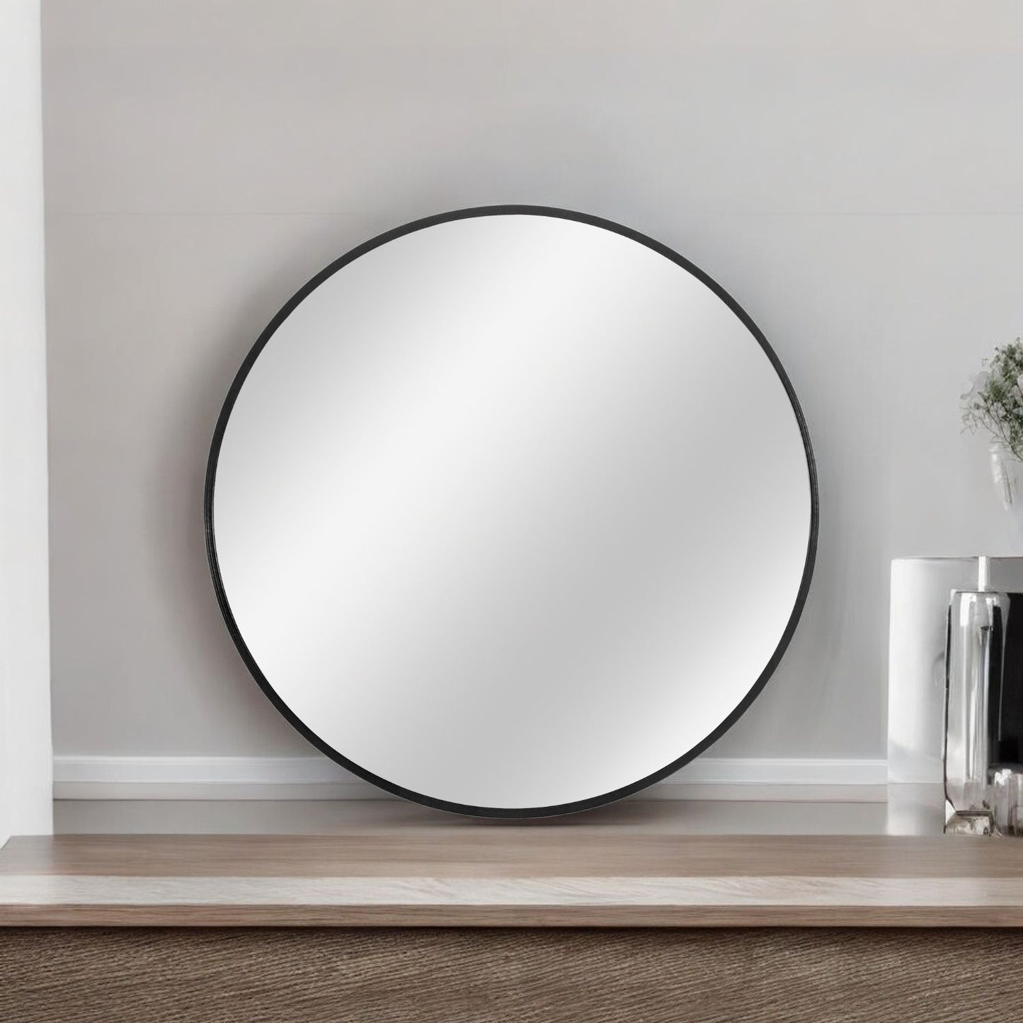 32" Black Round Metal Framed Accent Mirror