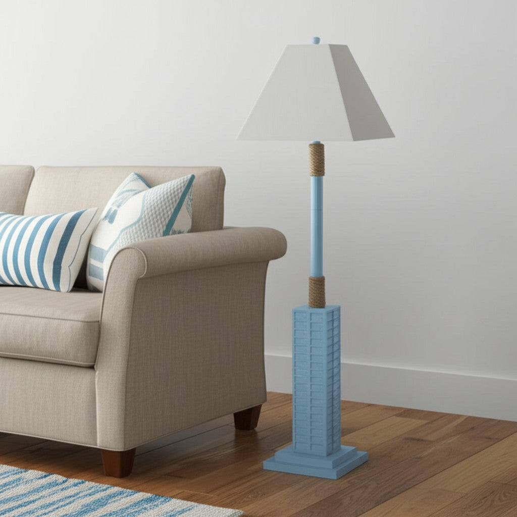63" Light Blue Polyresin Floor Lamp With Tan Linen Shade