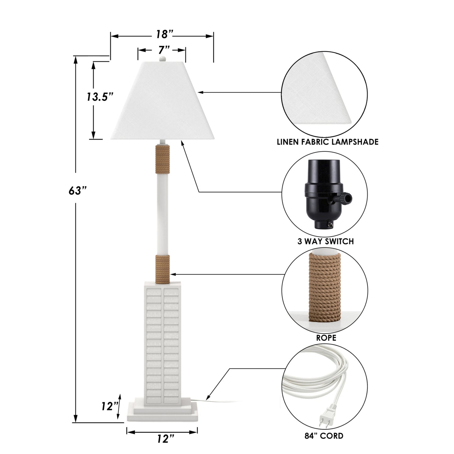 63" White Polyresin Floor Lamp With White Linen Shade