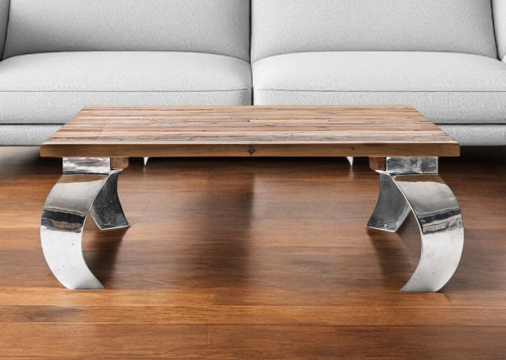 39" Natural And Silver Metallic Reclaimed Wood And Aluminum Square Coffee Table