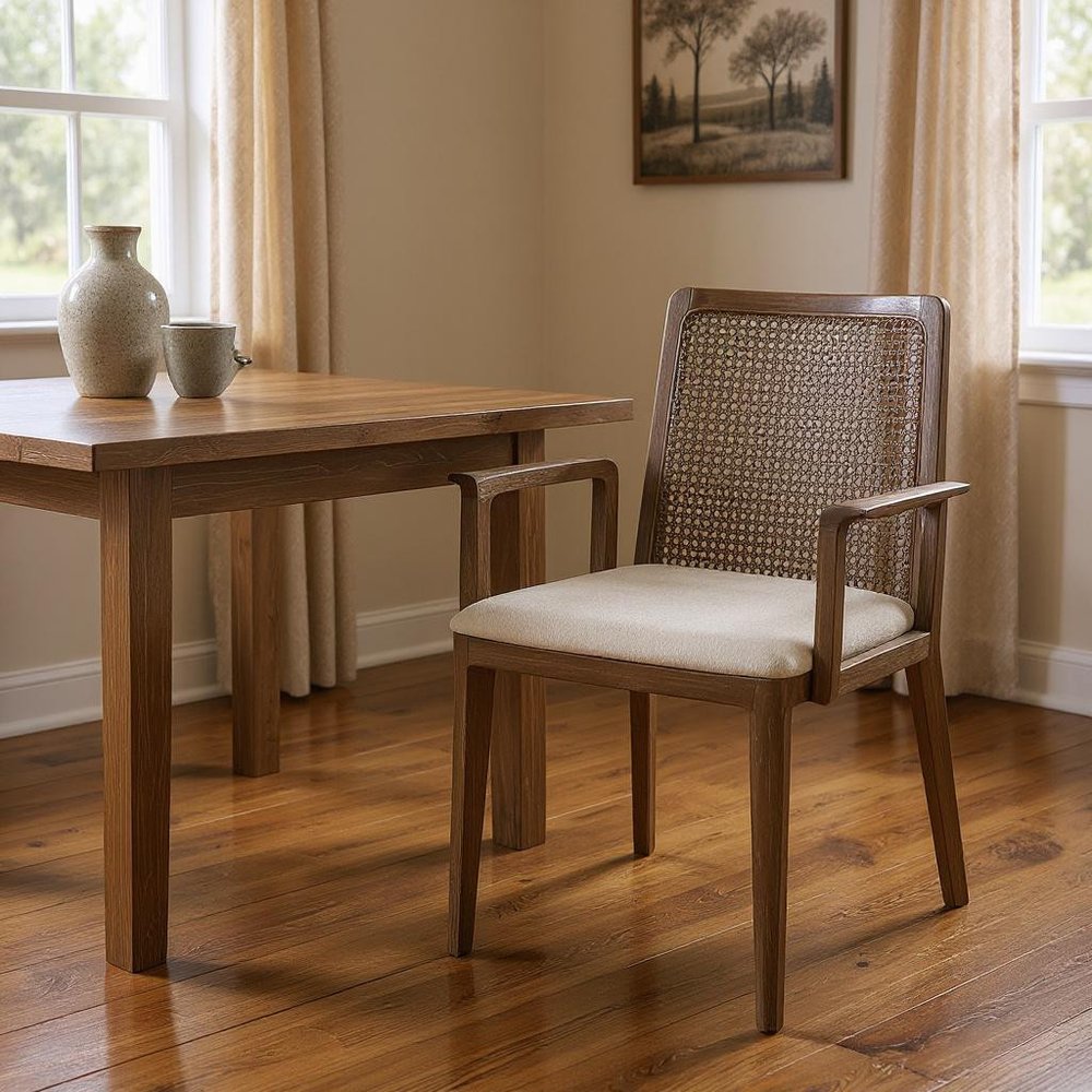Cream And Brown Upholstered Fabric Dining Arm Chair