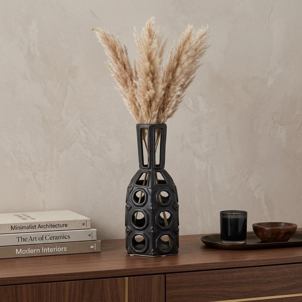 9" Black Abstract Cylinder Metal Table Vase