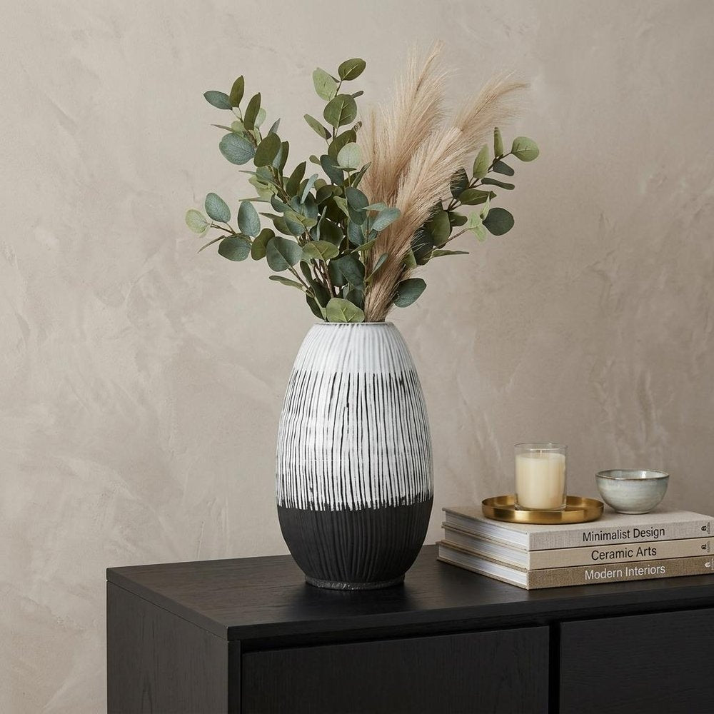 13" Black Gray And White Abstract Cylinder Ceramic Table Vase