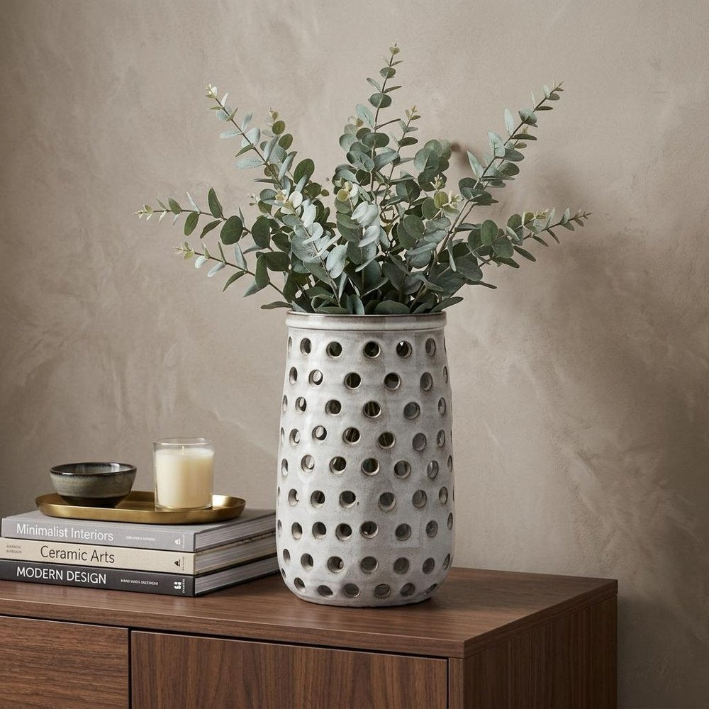 12" White Abstract Cylinder Ceramic Table Vase