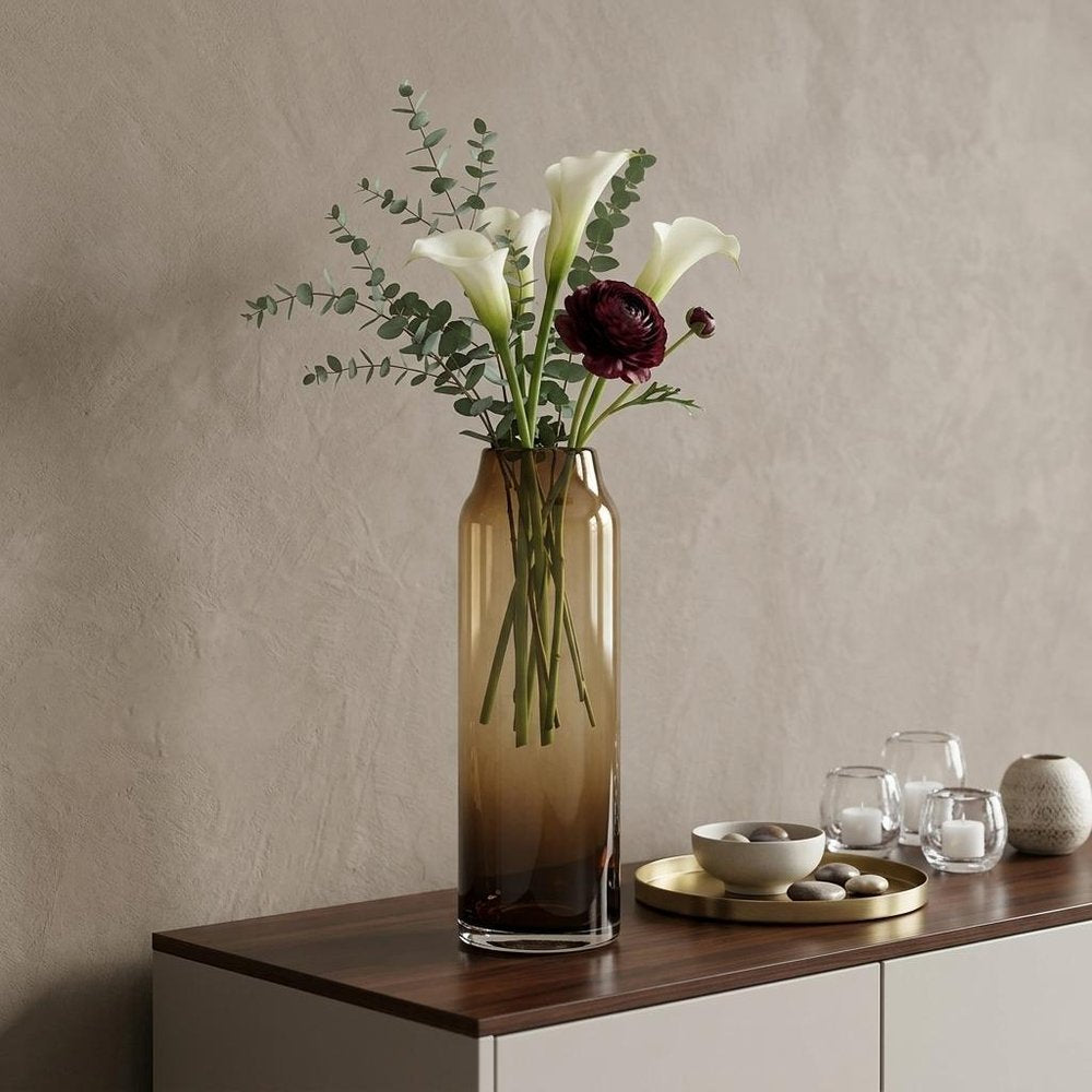16" Golden Brown Abstract Cylinder Crystal Glass Table Vase