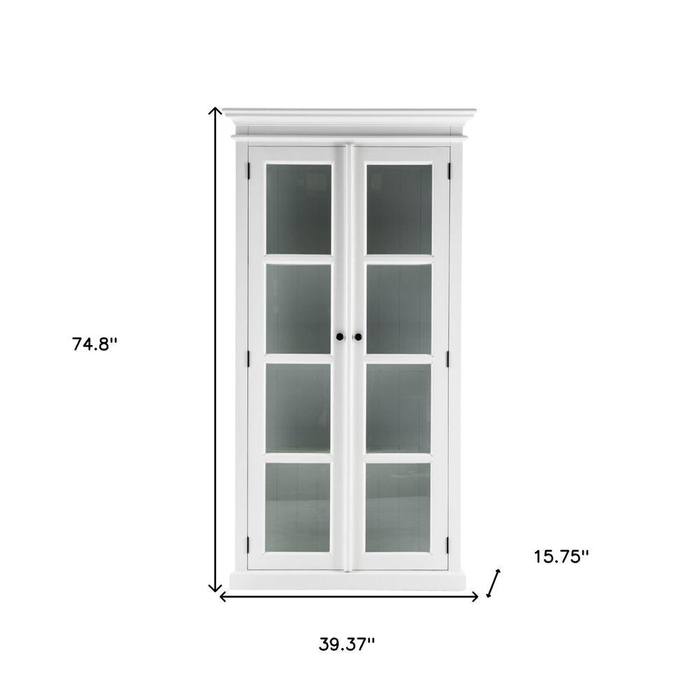 75" White Wood and Glass Double Door Storage Cabinet