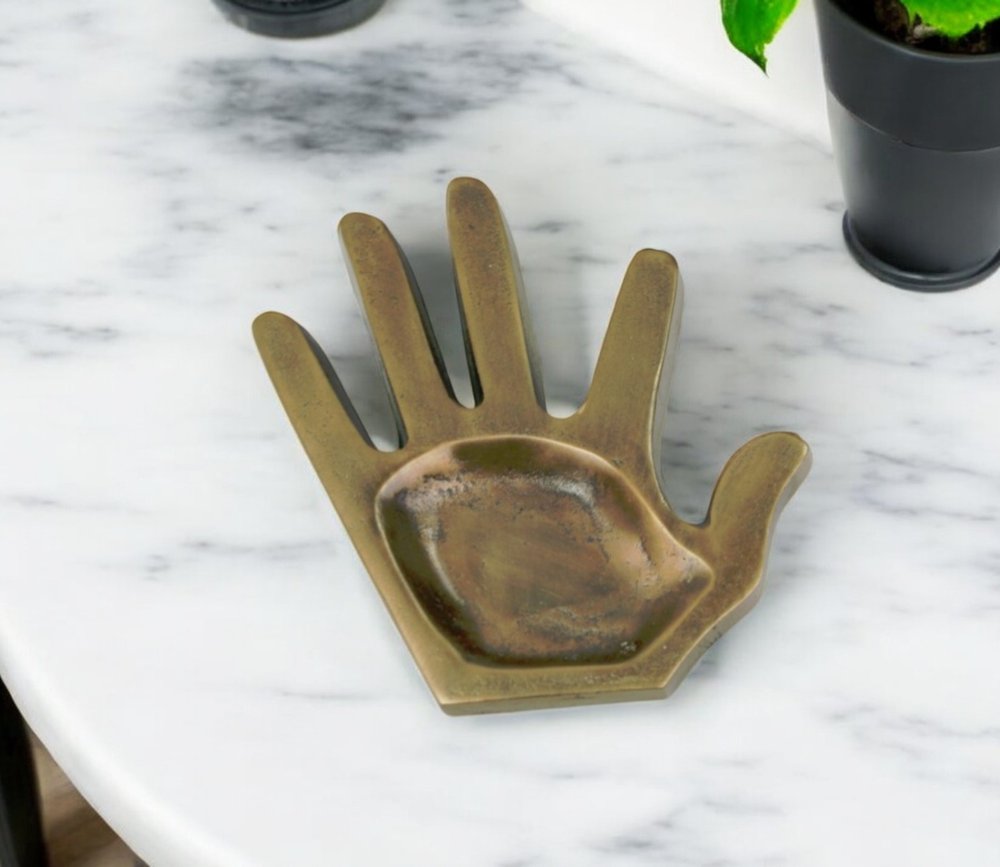 8" Antiqued Gold Cast Iron Hand Trinket Tray