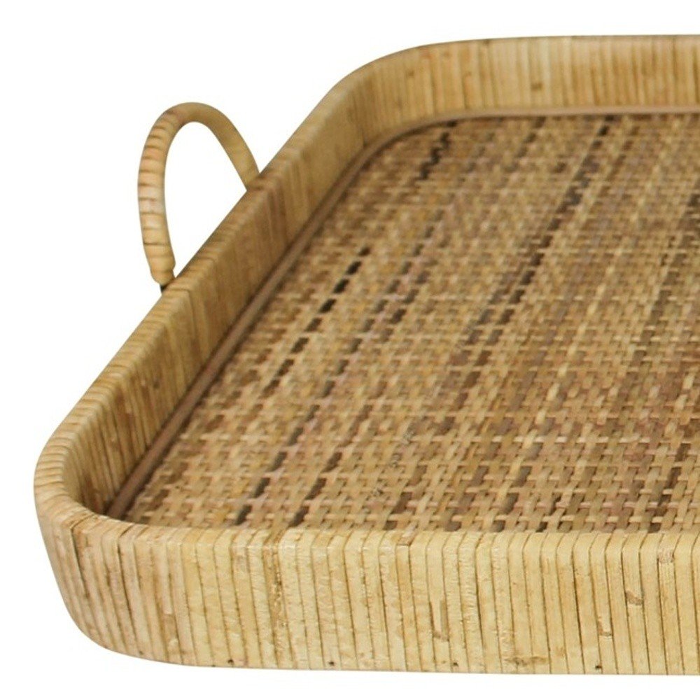 28" Natural Rectangular Bamboo Serving Tray With Handles