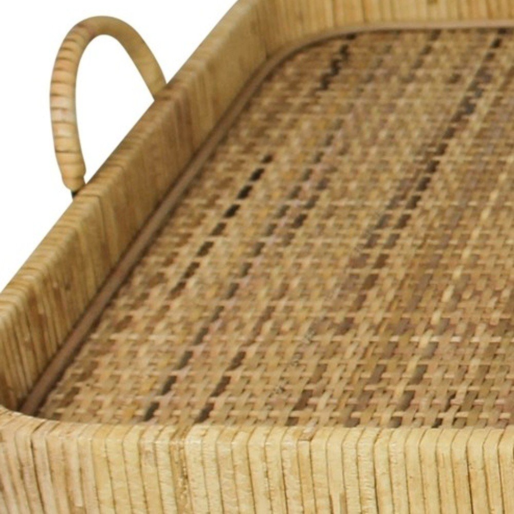 28" Natural Rectangular Bamboo Serving Tray With Handles