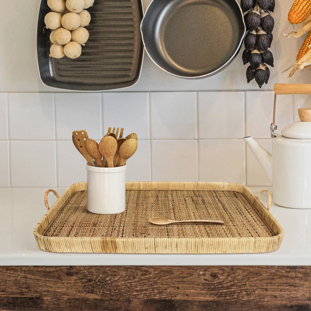28" Natural Rectangular Bamboo Serving Tray With Handles