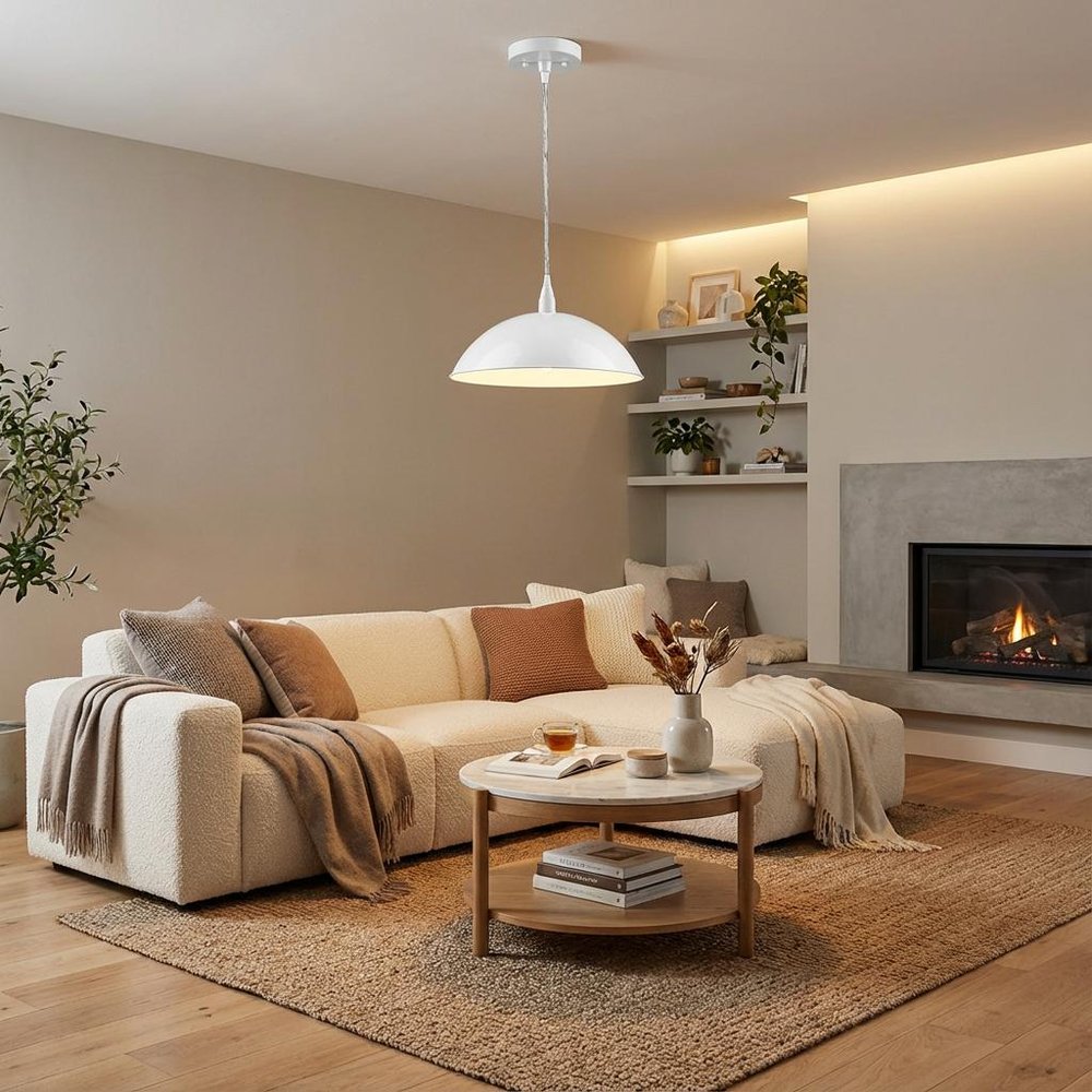 White Metal Hanging Light with Dome Shade