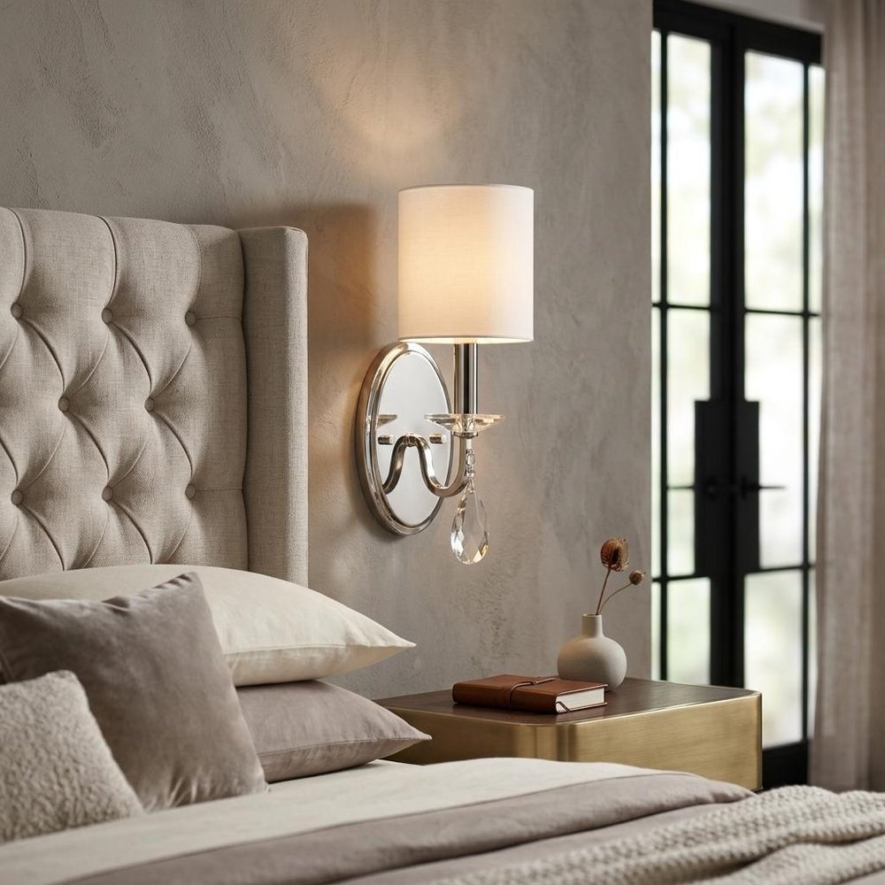 Silver Three Light Wall Sconce with White Fabric Shade