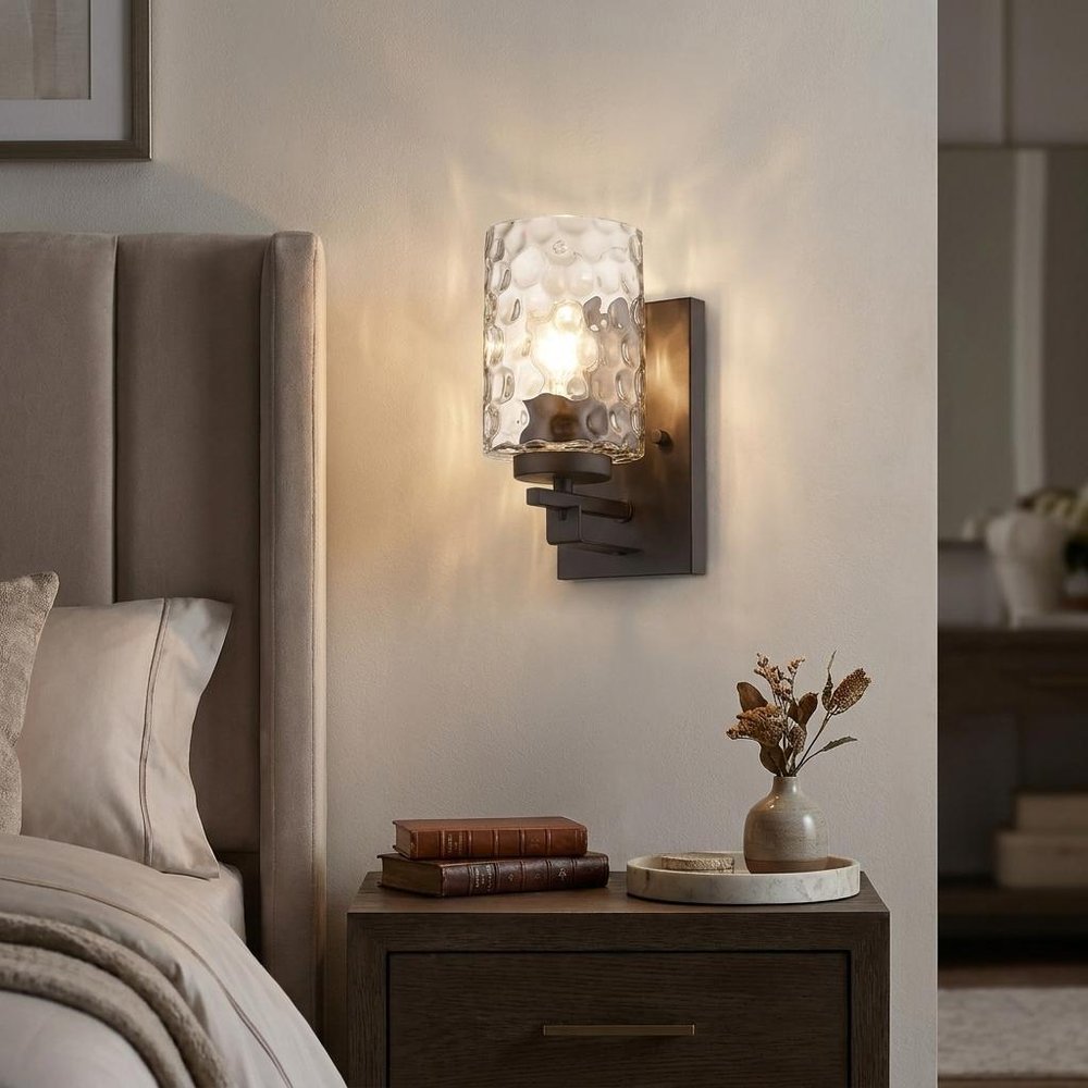 Bronze Metal and Pebbled Glass Wall Sconce