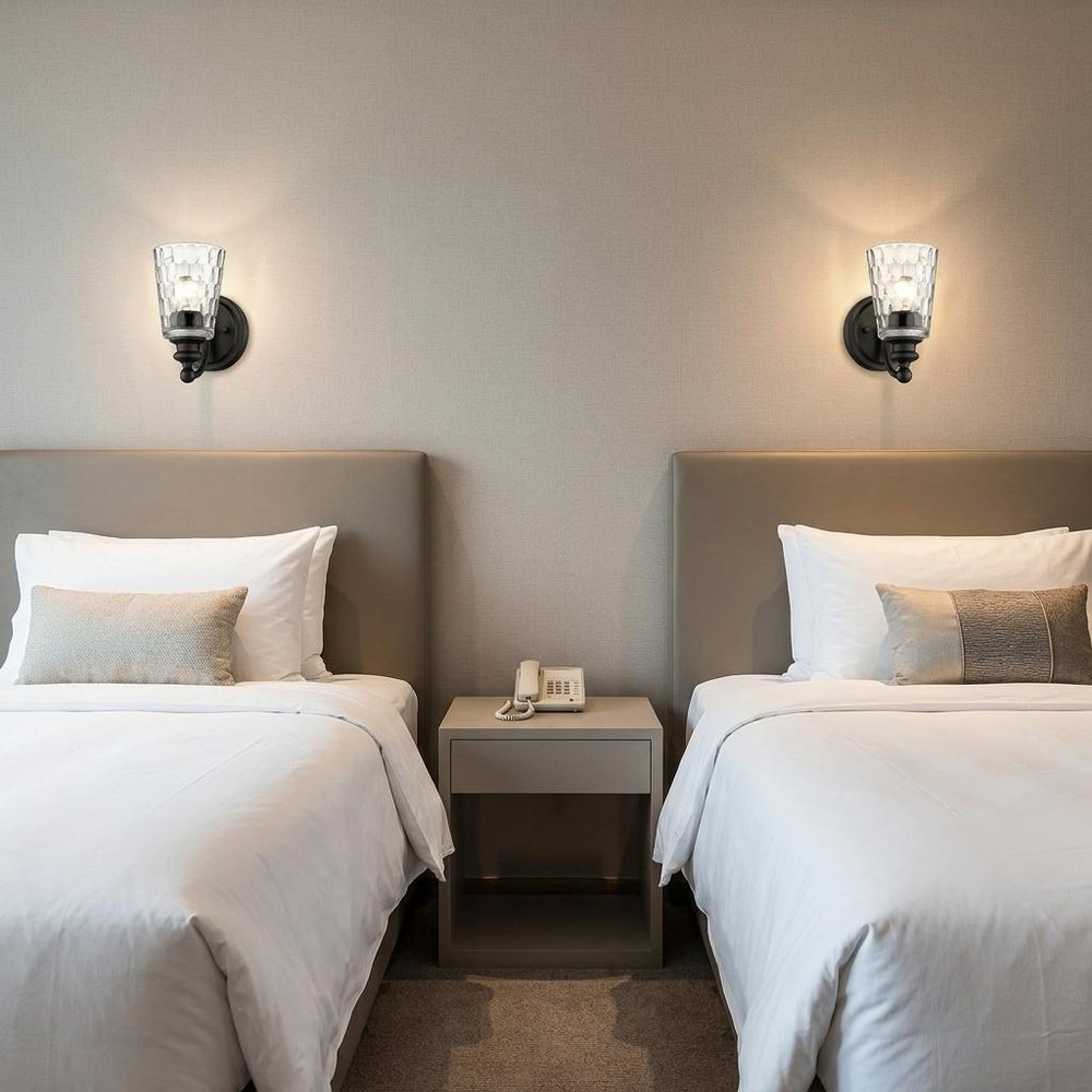 Black Metal and Pebbled Glass Wall Light