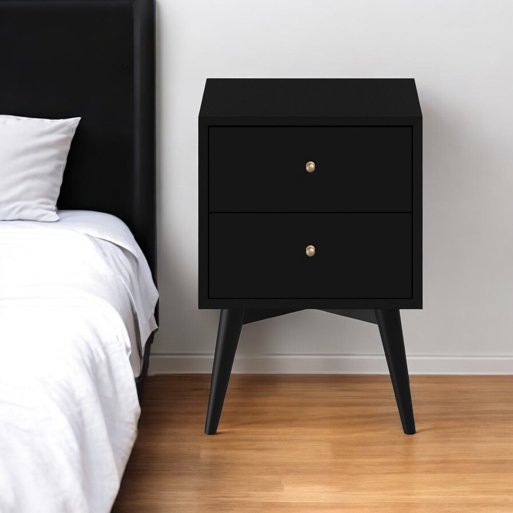 26" Black Solid Wood Two Drawer Nightstand