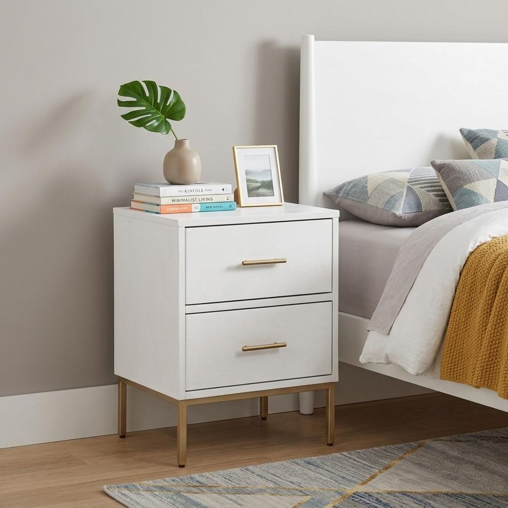 26" White And Gold Wood And Metal Two Drawer Nightstand