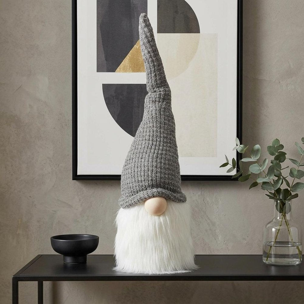 28" Gray Fabric Christmas Standing Gnome Tabletop Sculpture