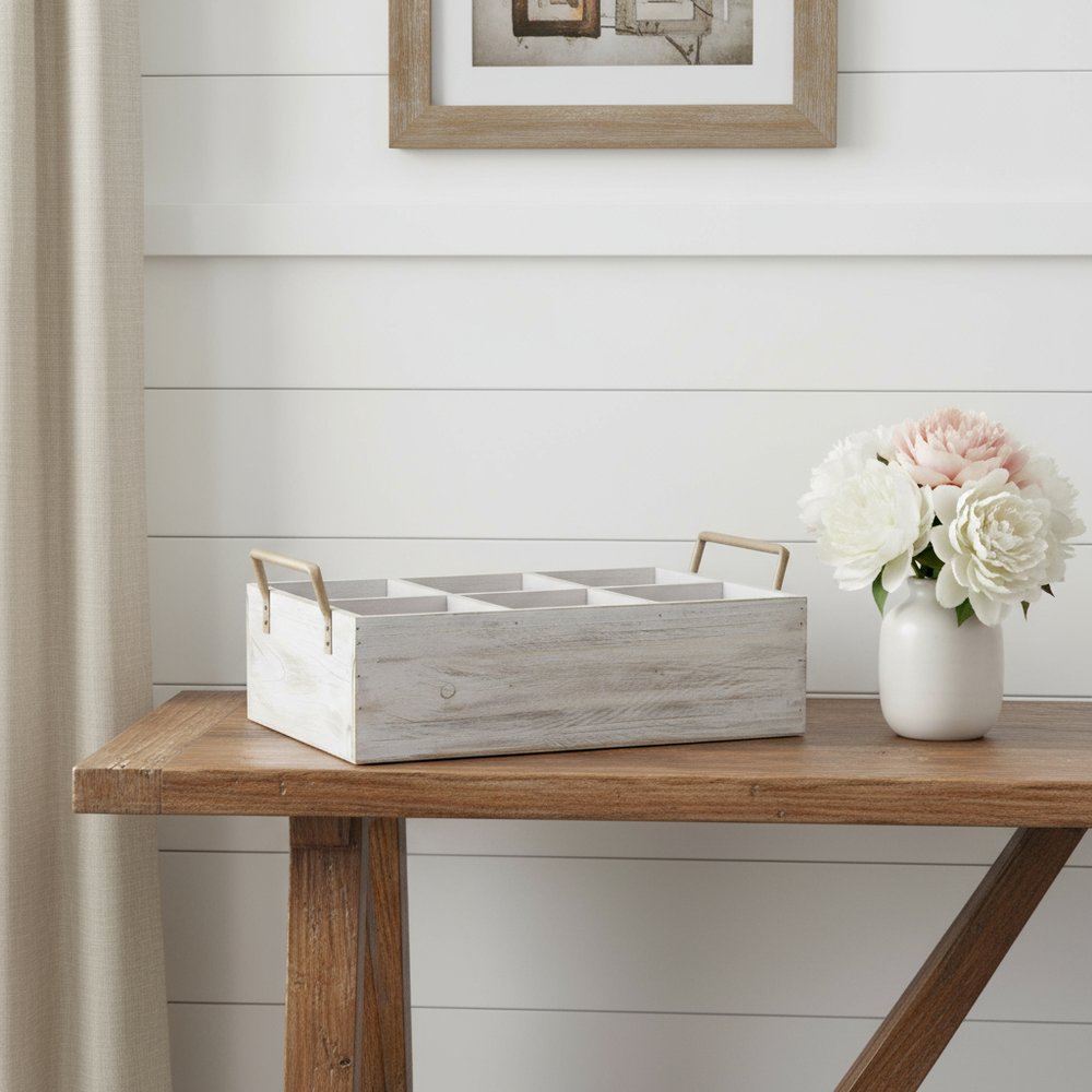 15" Gray And Brown Solid Wood Desk Organizer