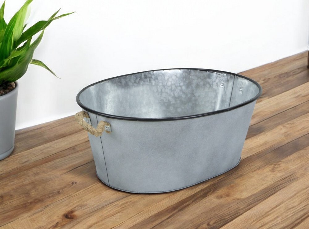 24" Silver Metal Oval Bucket with Rope Handles