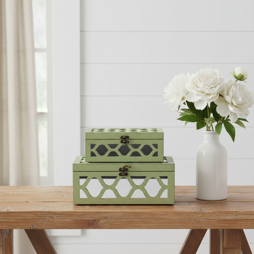 Set of Two Green Mirrored Glass And Solid Wood Box With Lid