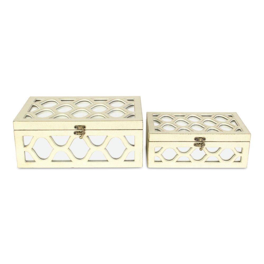 Set of Two White Mirrored Glass And Solid Wood Box With Lid