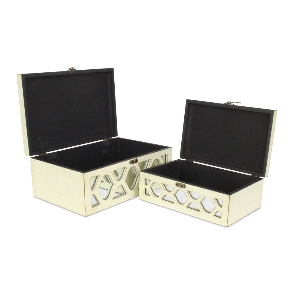 Set of Two White Mirrored Glass And Solid Wood Box With Lid