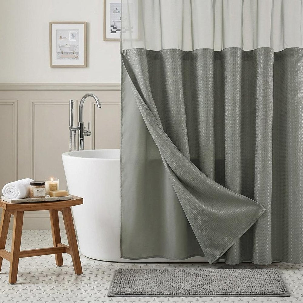 Gray Sheer and Grid Shower Curtain and Liner Set