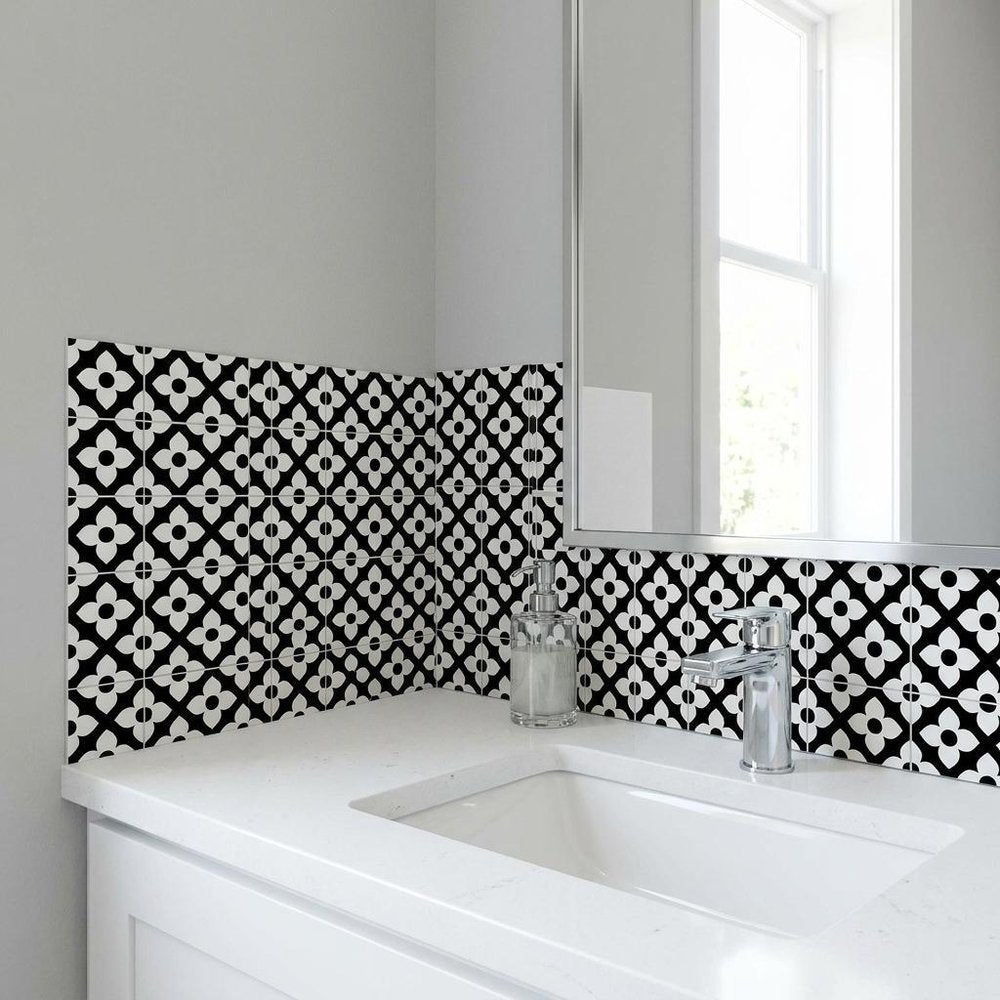 4" X 4" Black and White Dia Peel and Stick Removable Tiles