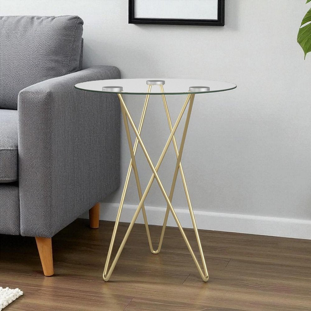 Geometric Clear Glass and Gold Round Table