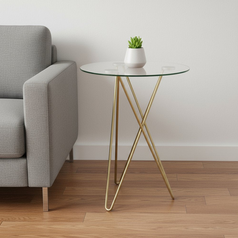 Geometric Clear Glass and Gold Round Table