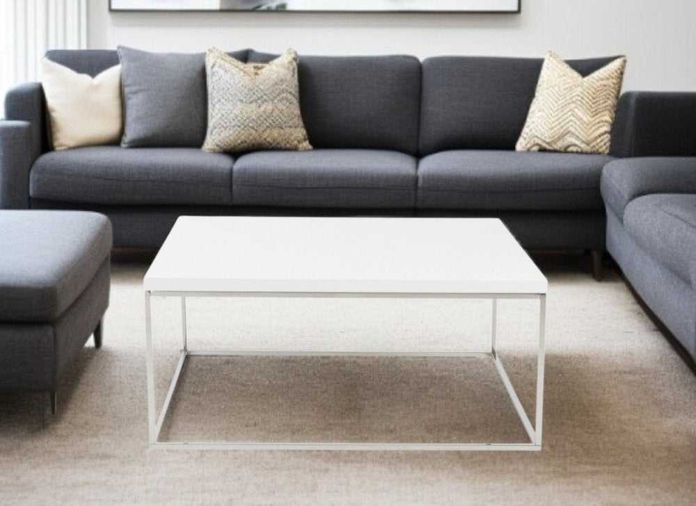 35" White and Silver Wood And Metal Square Frame Coffee Table