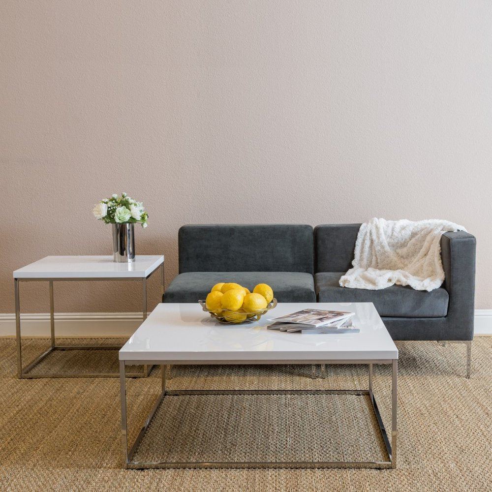 35" White and Silver Wood And Metal Square Frame Coffee Table
