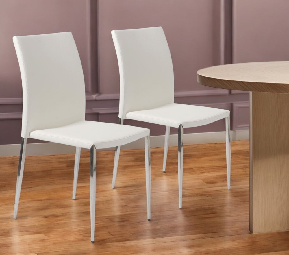Set of Two White and Silver Upholstered Faux Leather Dining Side Chairs
