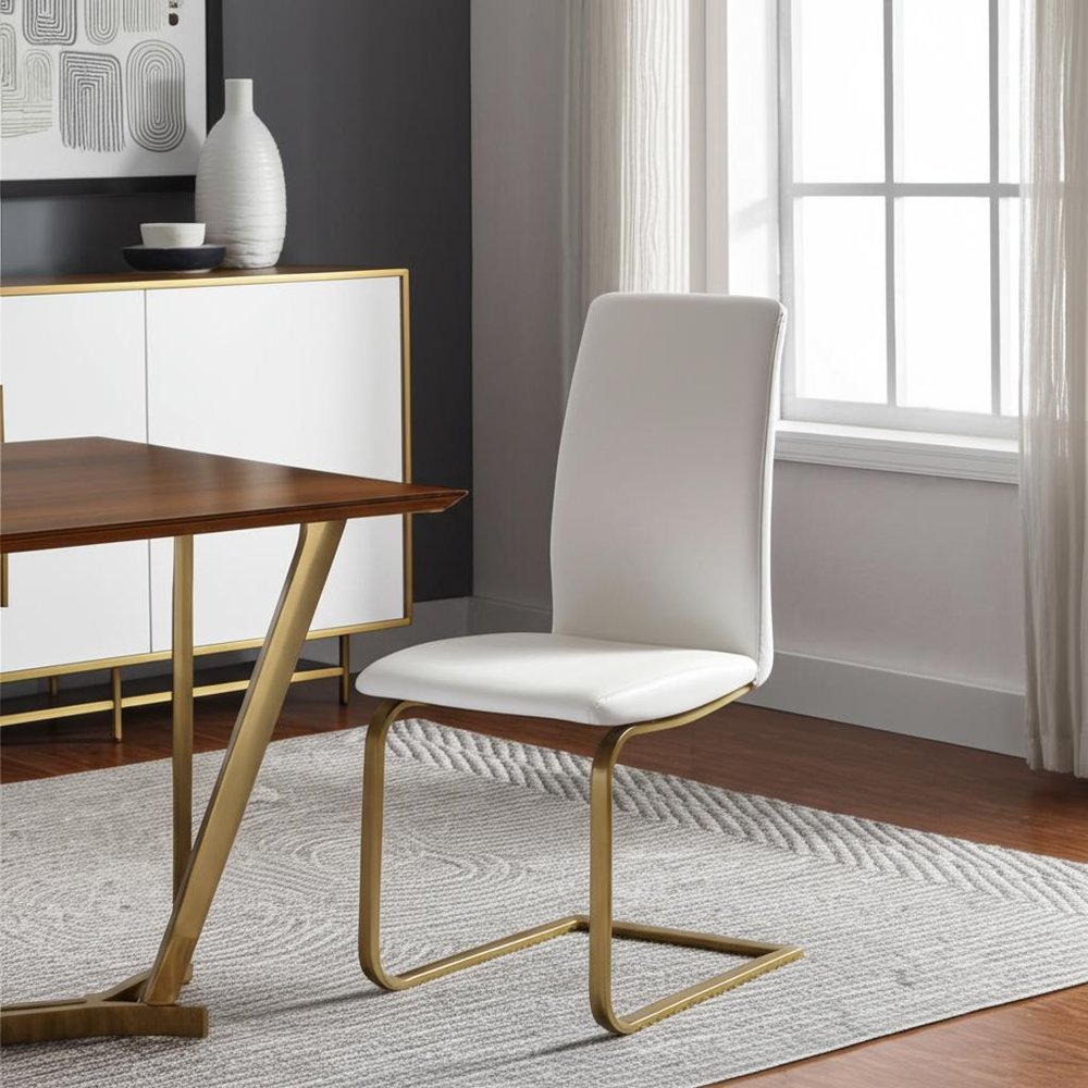 Set of Two White and Gold Upholstered Leather Dining Side Chairs