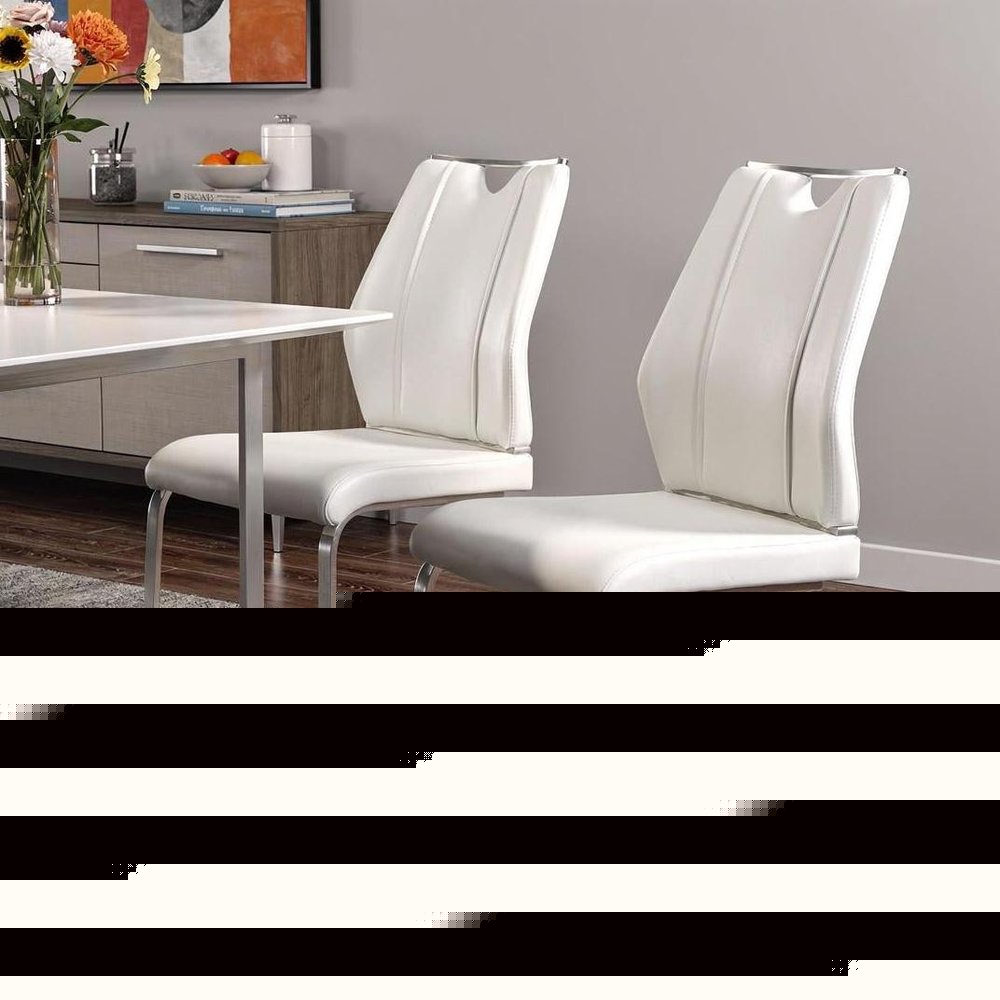 Set of Two White and Silver Upholstered Leather Dining Side Chairs