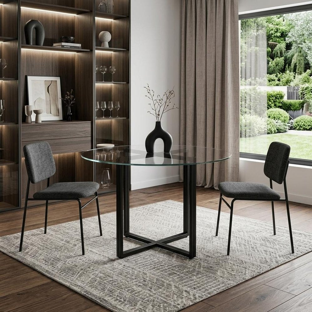 24" Clear And Black Rounded Glass And Metal Trestle Base Dining Table