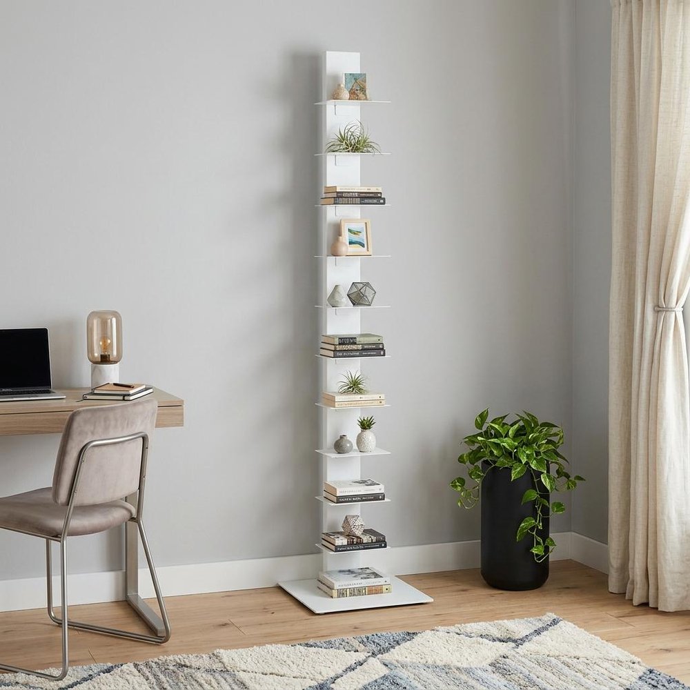 60" White Metal Ten Shelf Modern Tower Bookcase