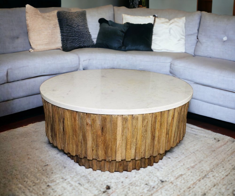 42" Ivory and Natural Genuine Marble and Solid Wood Round Solid Coffee Table