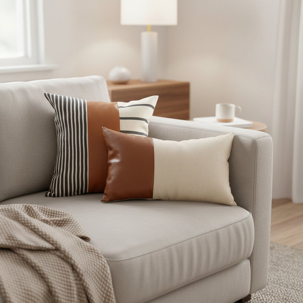 Set of Two Beige Brown and Black Geometric Fabric and Faux Leather Throw Pillow Covers