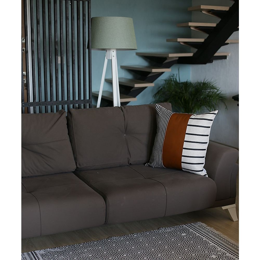 Set of Two Beige Brown and Black Geometric Fabric and Faux Leather Throw Pillow Covers