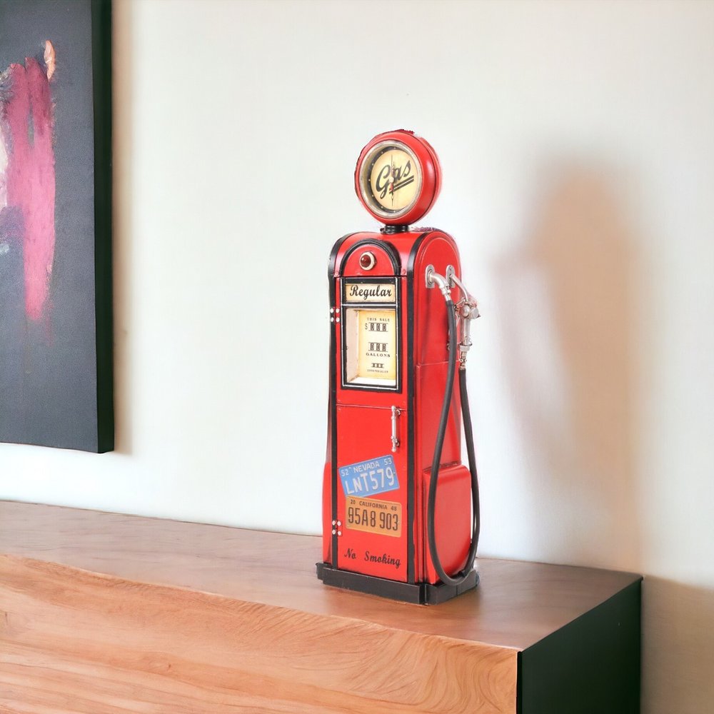 21" Red Metal Hand Painted Gas Pump Clock Sculpture