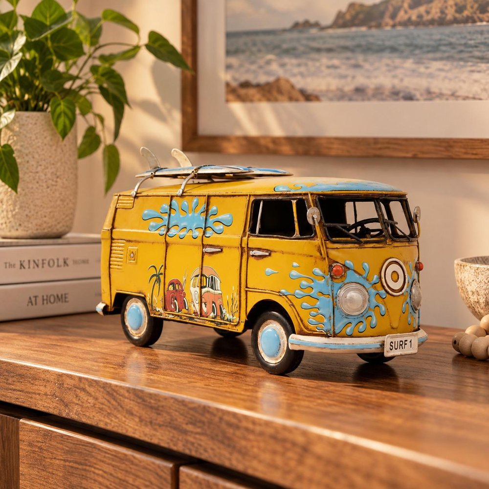 8" Blue and Yellow Metal Hand Painted c1967 Volkswagen Deluxe Model Car