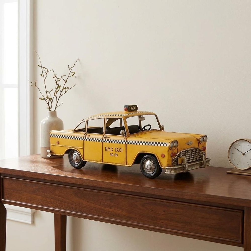 13" Yellow Metal Hand Painted NYC Taxi Tabletop Sculpture