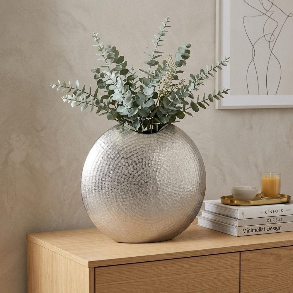 14" Silver Hammered Round Aluminum Table Vase