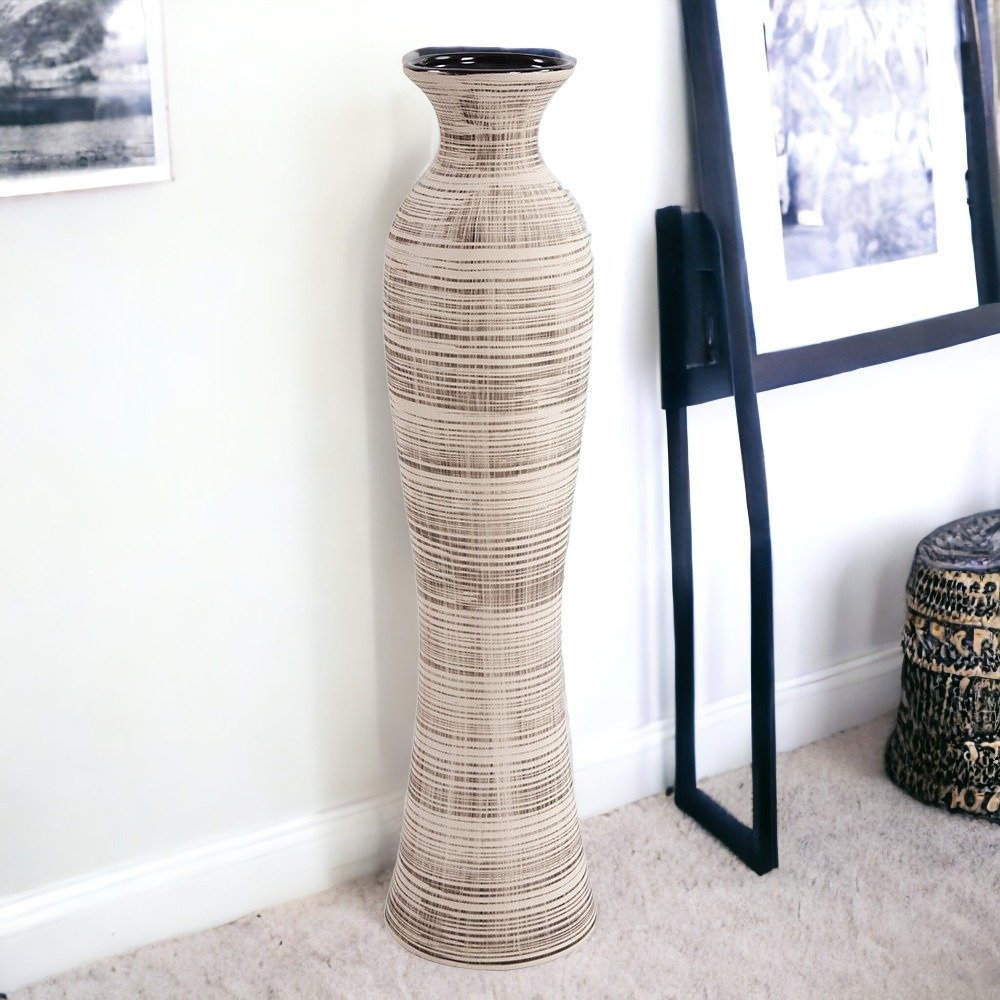 31" Beige And Brown Striped Bud Ceramic Floor Vase