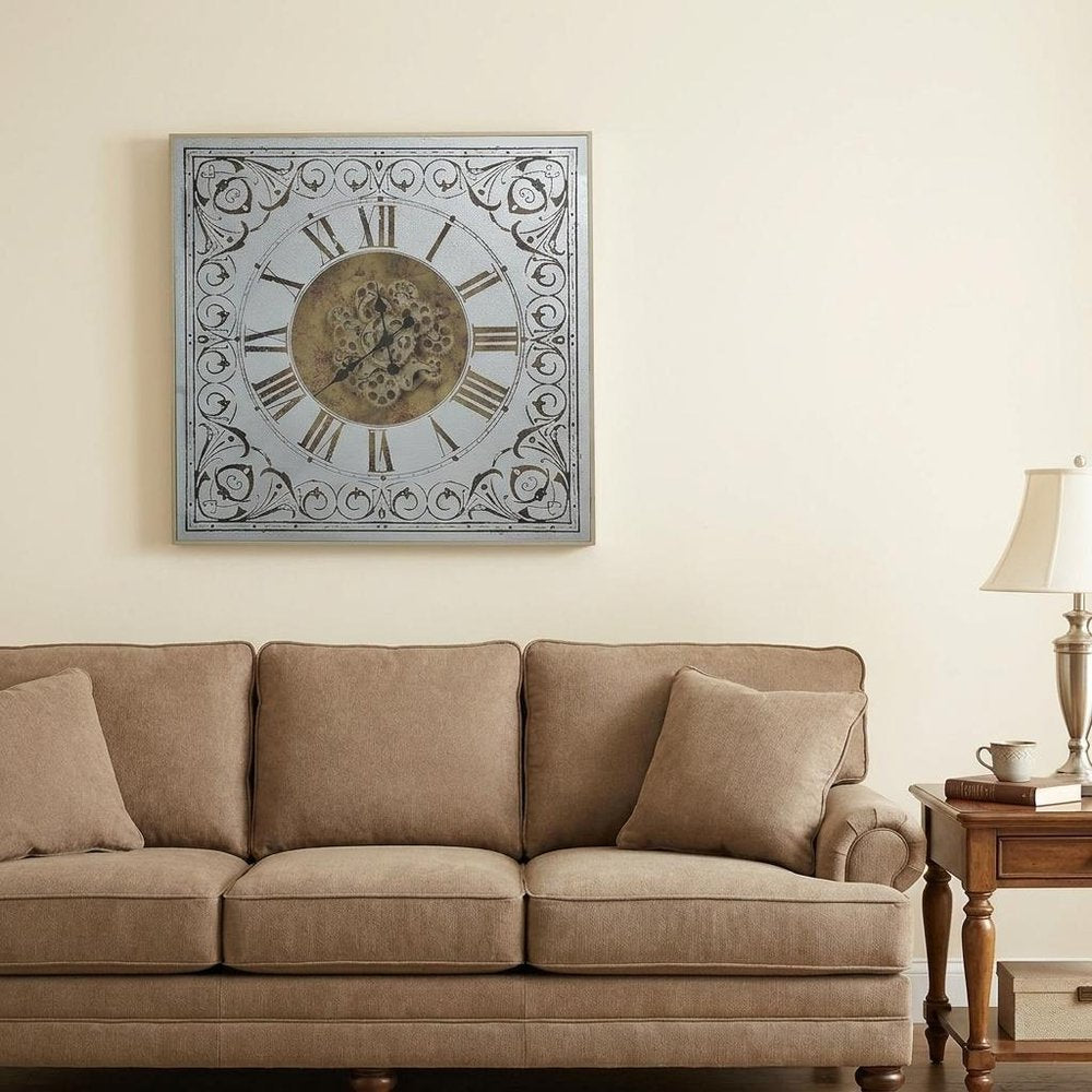 32" Gold And Silver Metal Analog Distressed Square Wall Clock