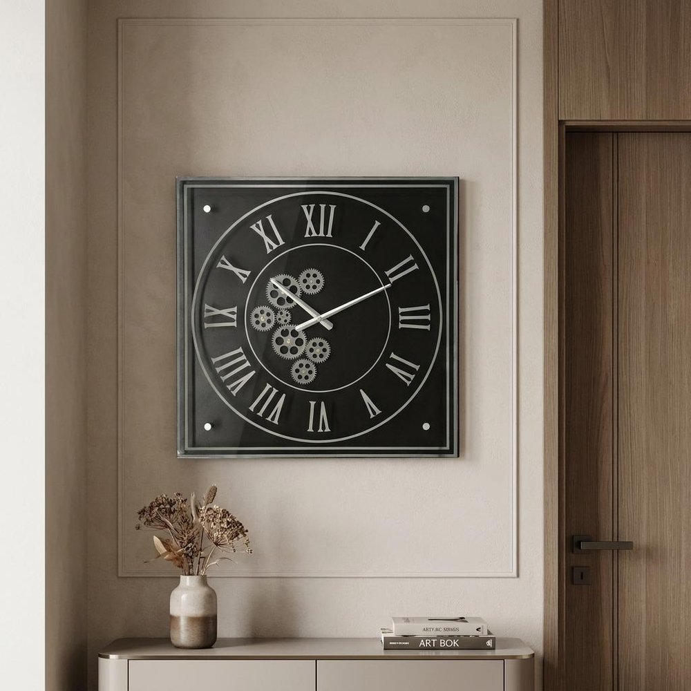24" Black and Silver Vintage Style Gears Square Wall Clock
